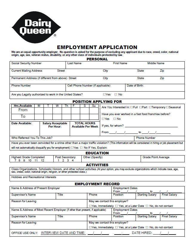 Dairy Queen Job Application Print Out